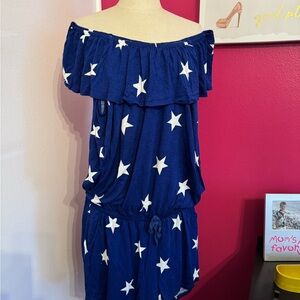 Blue Off-Shoulder Star Print Romper
